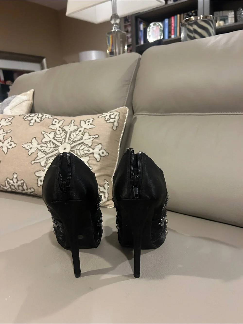 Elegant Black Jeweled Peep-Toe Heels - Women Shoes